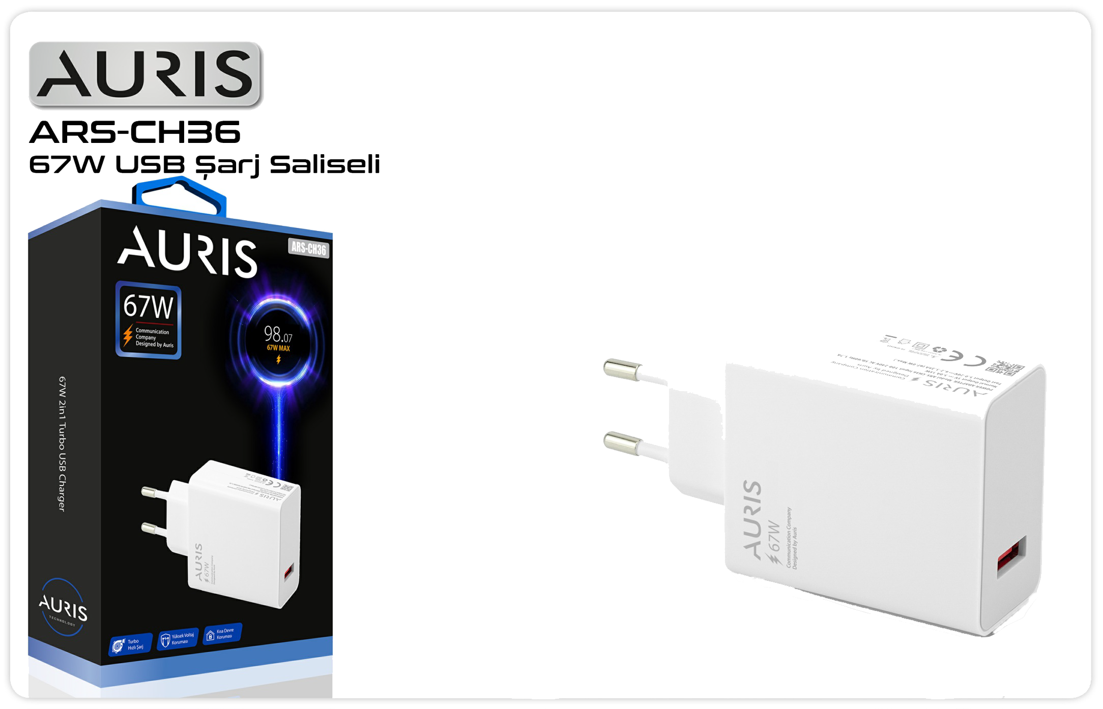 Auris CH36 67W USB-C Süper Hızlı Şarj Başlığı – Saliseli PD Adaptör